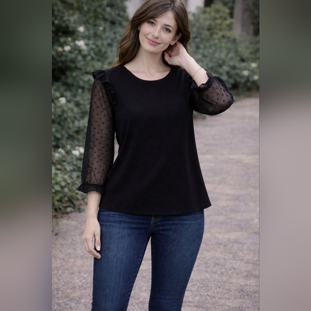 Suzy Shier Black Sheer Sleeve Blouse Size M
